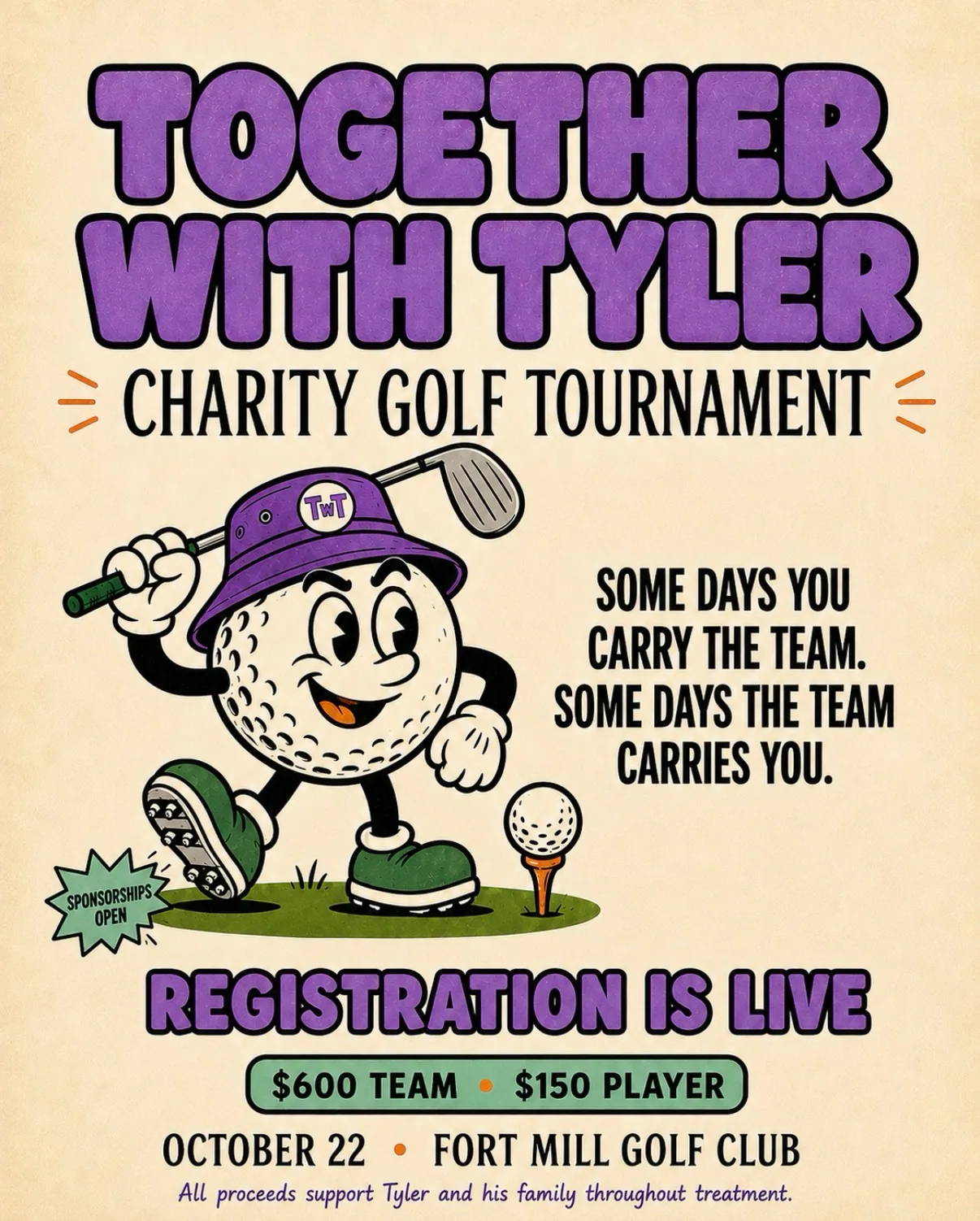 Together With Tyler Charity Golf Tournament poster announcing registration, sponsorships, pricing, date, and venue
