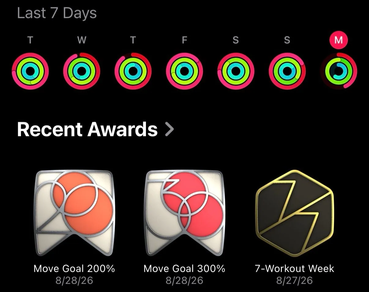 Apple Fitness activity summary showing a full week of movement and workout awards